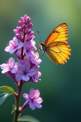Obraz premium Dainty butterfly dancing around lilac bellflower stems , flower, nature, bellflowers