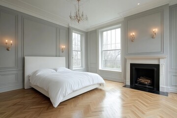 Elegant bedroom with fireplace, showcasing a classic interior design