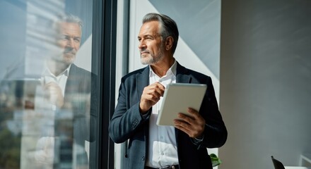 Older man using tablet, reflecting in window, office environment
