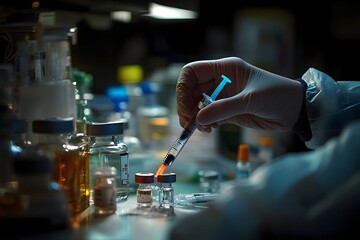 Hand of laboratory scientist using pipette to conduct chemical analysis or experiment in modern scientific research facility or biotechnology