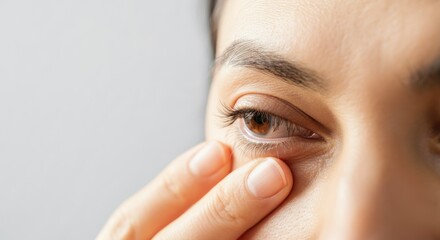 Close-up of woman touching skin around her eye