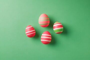 Easter Eggs Celebration: An overhead shot showcases an array of intricately designed Easter eggs against a vibrant green backdrop, capturing the essence of the Easter celebration, springtime joy.