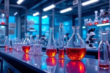 Laboratory glassware with red liquid; scientific research equipment; chemistry experiment