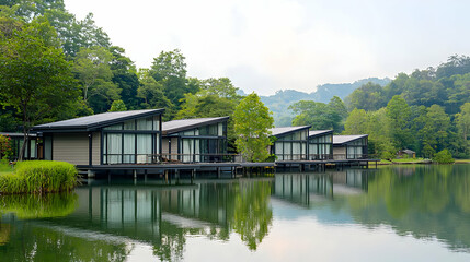 Modern Lakeside Houses With Reflective Water And Green Trees Under Cloudy Sky