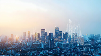 Fototapeta premium Modern City Skyline Illuminated At Sunset With Blue And Gold Hues Representing Urban Progress