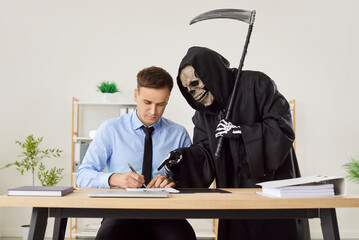 Young business man company employee in formal clothes sitting at the desk on workplace in office...
