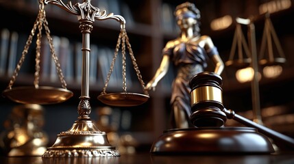 A close-up view of a symbolic legal setting featuring a gavel, scales of justice, and a statue of Lady Justice. This image represents the themes of law, order, and justice.