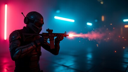 Futuristic Soldier Firing Weapon Neon Lights Cyberpunk