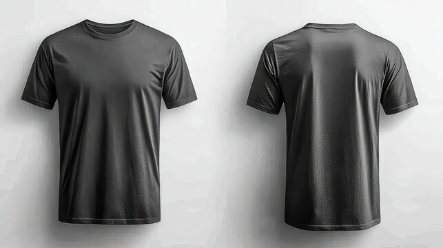 A pristine white background, starkly contrasted by a starkly black t-shirt, front and back, providing an ideal platform for showcasing any design or print, a versatile mock-up template for creativity 