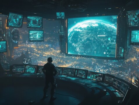 cybernetic alien race observing Earth from their futuristic command center bristling with holographic displays