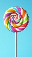 Colorful swirl lollipop displayed against a bright blue background at a cheerful outdoor setting