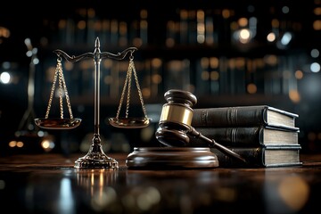 A close-up view of a gavel and scales of justice sitting on a wooden desk, with law books in the background, symbolizing the legal profession and justice system.