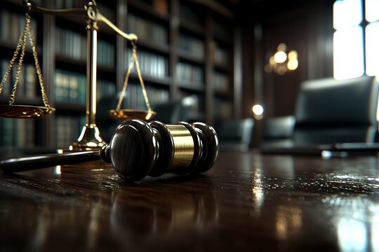 A close-up view of a gavel and scales of justice placed on a polished wooden desk, surrounded by shelves filled with legal books. A representation of law and order in a courtroom.