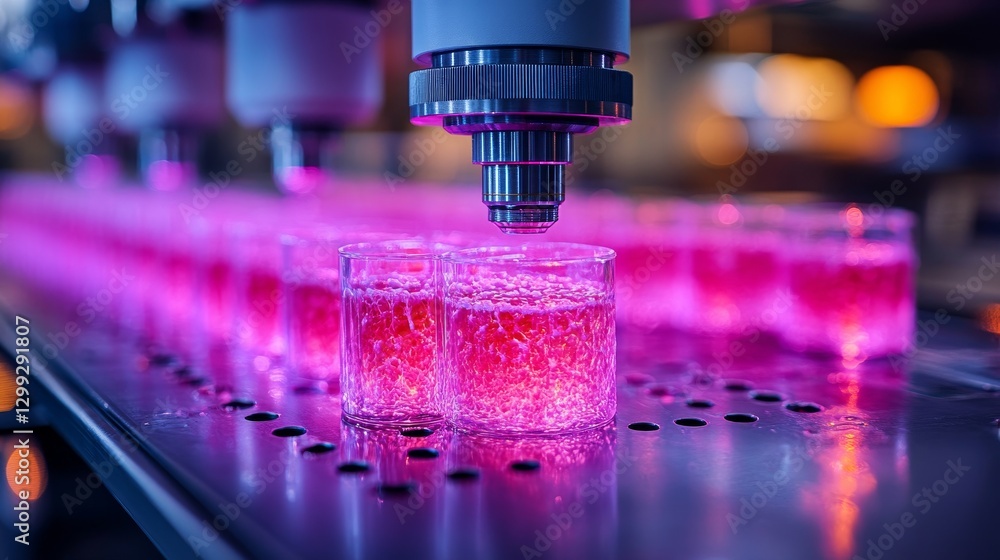 Poster microscopic analysis: close-up of samples under a high-powered microscope with pink illumination for