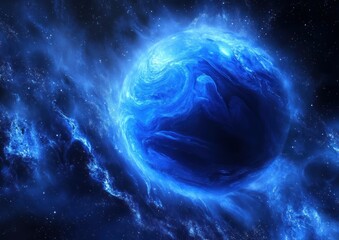 Obraz premium A swirling, blue planet surrounded by a nebula-like space, with vibrant textures and cosmic clouds