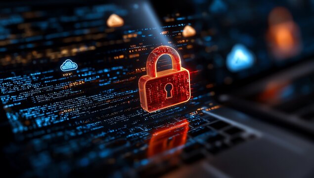 A glowing red padlock symbolizes digital security against a backdrop of binary code and glowing icons, representing advanced cybersecurity in modern technology and data protection.