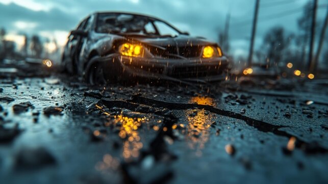 Damaged vehicles and cracked road under a dramatic sky with wet pavement and distant light. Generative AI - Powered by Adobe
