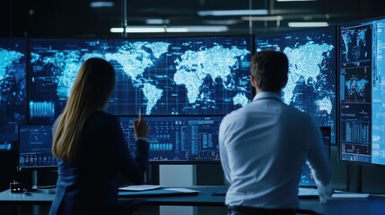 Fototapeta premium Global Data Analysis: Two Professionals Reviewing World Map Data on Multiple Screens in a Modern Control Room