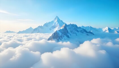 Una foto panorámica captura una majestuosa cadena montañosa que atraviesa un mar de nubes, frente a un cielo azul degradado