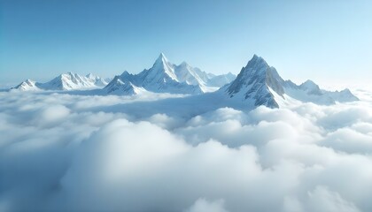 Obraz premium Una foto panorámica captura una majestuosa cadena montañosa que atraviesa un mar de nubes, frente a un cielo azul degradado