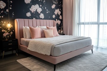 Elegant Pink Bedroom with Floral Wallpaper