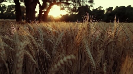 Close-up of golden ears of wheat illuminated by sunlight during harvest season, showcasing the bounty of nature. A bright spring morning.