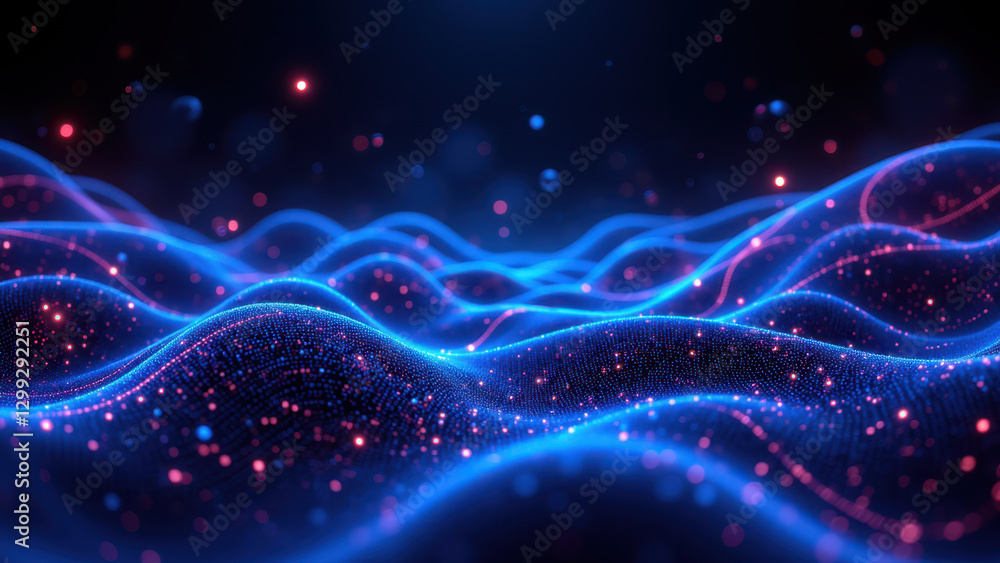 Poster dynamic abstract digital technology background with wavy lines and circles in blue and purple color 