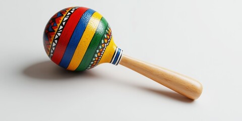 Colorful wooden maraca with vibrant stripes displayed on a light background