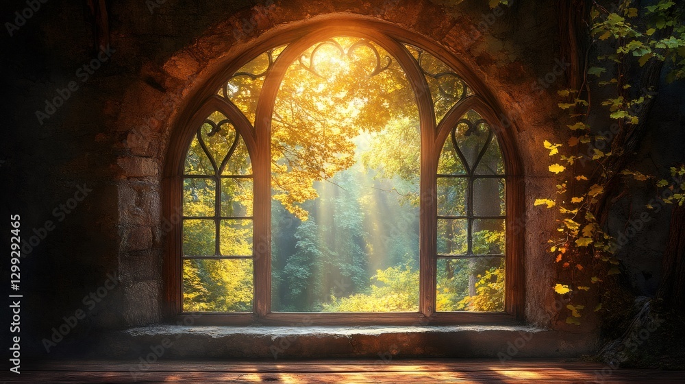 Poster sunlight entering through arched medieval window illuminating forest
