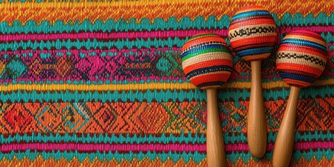 Colorful handmade maracas resting on a vibrant woven textile background showcasing traditional patterns