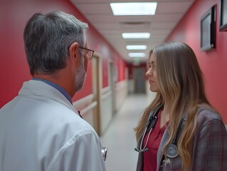 Obraz premium Healthcare Professionals Discussing Medical Matters in Hospital Corridor