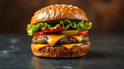 Mouth-watering image of a delicious, perfectly stacked hamburger placed on a sleek black background.