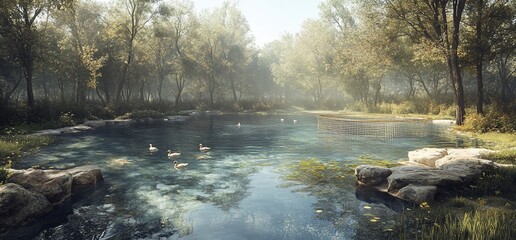 Misty forest pond with ducks