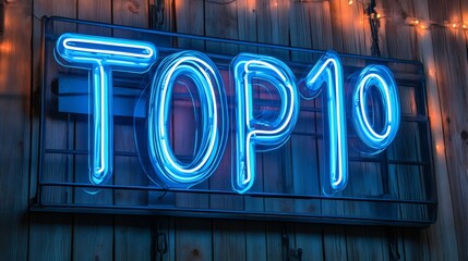 Bright blue neon sign showing top 10 hanging on wooden wall