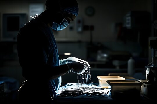Technical Professional Silhouetted at Work Desk with Laptop