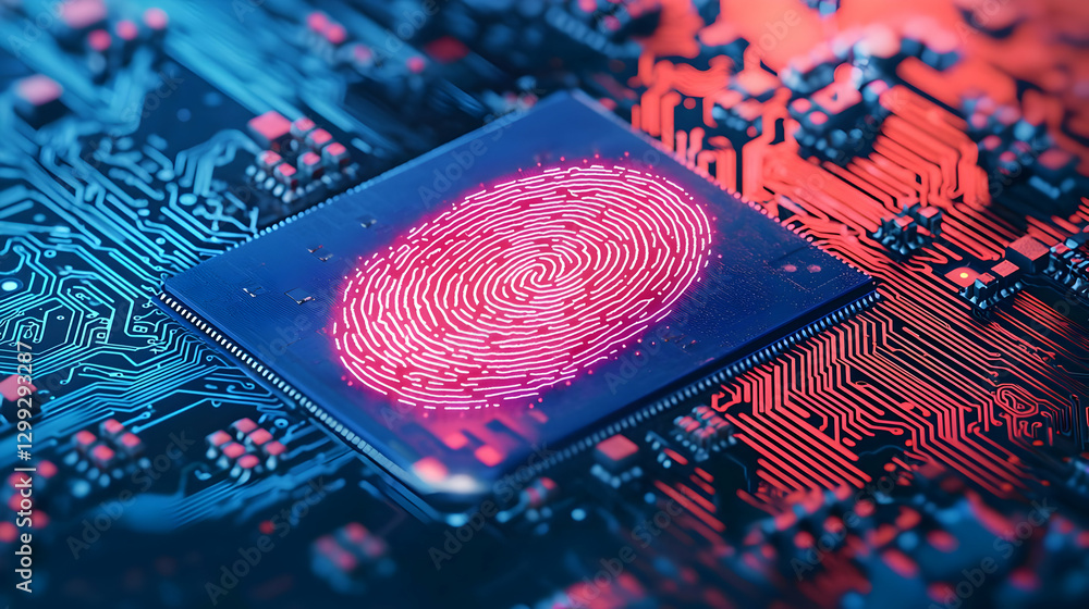 Poster digital fingerprint glow on a microchip circuit board with red and blue lighting