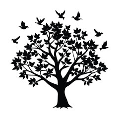 tree with birds silhotted on white background.