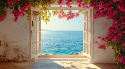 Bougainvillea framing open window overlooking tranquil turquoise mediterranean sea © Lubos Chlubny