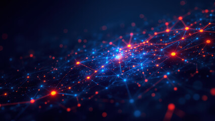 Obraz premium Stylized digital illustration representing a network or cloud service with vibrant red and blue nodes against a dark background.