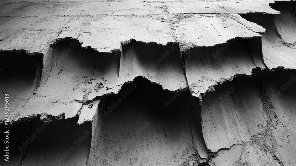 Aufkleber monochrome canyon: abstract textured concrete wall with eroded layers and deep shadows creating a ru
