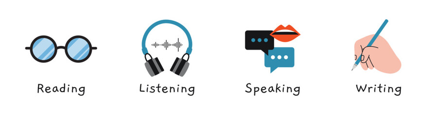 Language skills icons like reading, listening, speaking and writing. Educational courses and learning English. Trendy modern vector illustration isolated on white, hand drawn, flat design