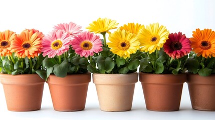 Fototapeta premium Colorful gerbera daisies growing in terracotta pots on white background