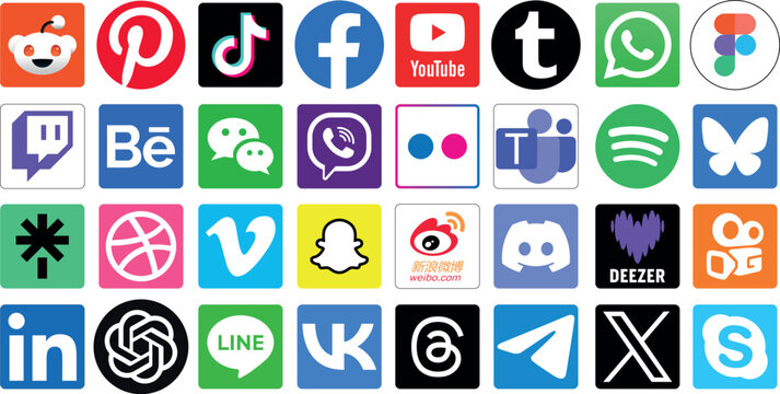 logo set - Reddit, Pinterest, TikTok, Facebook, YouTube, Tumblr, WhatsApp, Figma, Twitch, Behance, WeChat, Viber, Flickr, Teams, Spotify, Bluesky, Linktree, Dribbble, Vimeo, Snapchat, Weibo.com.