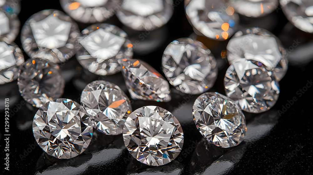 Poster close up view of scattered sparkling diamonds on a black reflective surface with light reflection