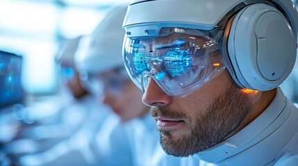 Scientist in futuristic laboratory analyzing data on computer screens with a high-tech visor and headset. Generative AI