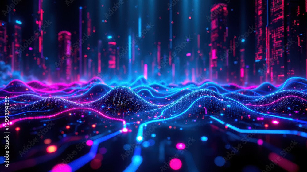 Poster A futuristic and abstract visual representation of ci/cd, Docker, Kubernetes, and DevOps concepts with vibrant colors and digital waveforms.