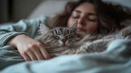 Fluffy gray cat resting peacefully in bed with woman in soft lighting