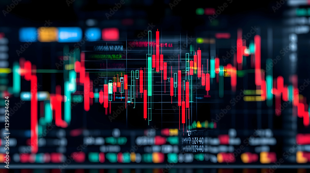 Poster abstract financial market chart display with red and green data lines showing stock price fluctuatio