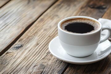 Freshly brewed coffee served in a white cup on a rustic wooden table during a cozy morning moment