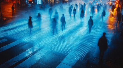 Neon Cityscape: A Dynamic Urban Scene of Blurred Figures Crossing a Luminescent Street at Night, Capturing the Energetic Pace of Modern City Life.